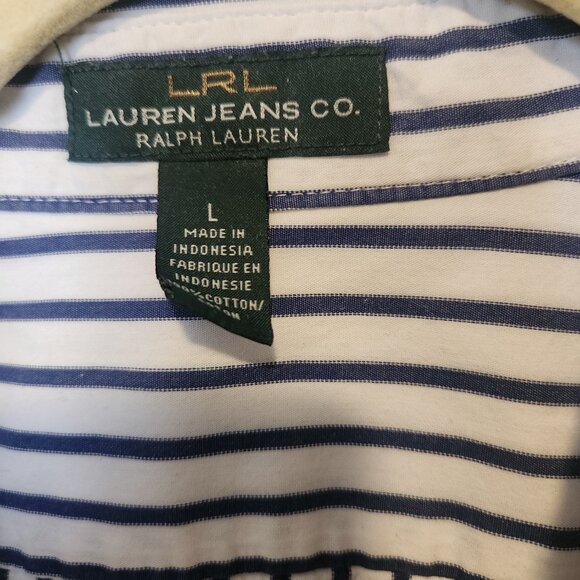 LRL Ralph Lauren White Pinstripe Button Down  Women’s L with Pocket PRE-OWNED - Picture 2 of 4